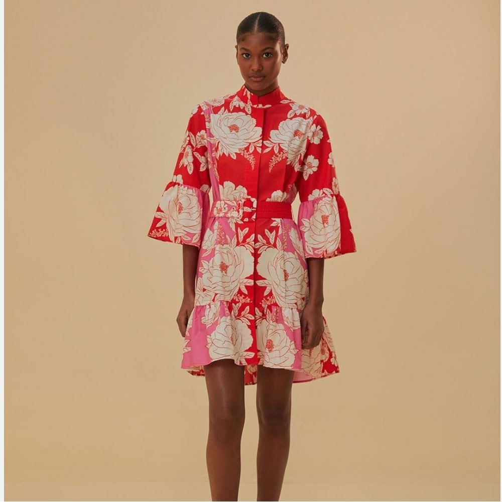 FARM Rio Pink Soft Garden Short Sleeve Mini Dress in Red